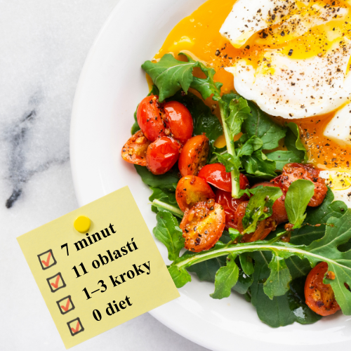Talíř se salátem a checklist: 7 dní, 9 oblastí, 1–3 kroky, 0 diet